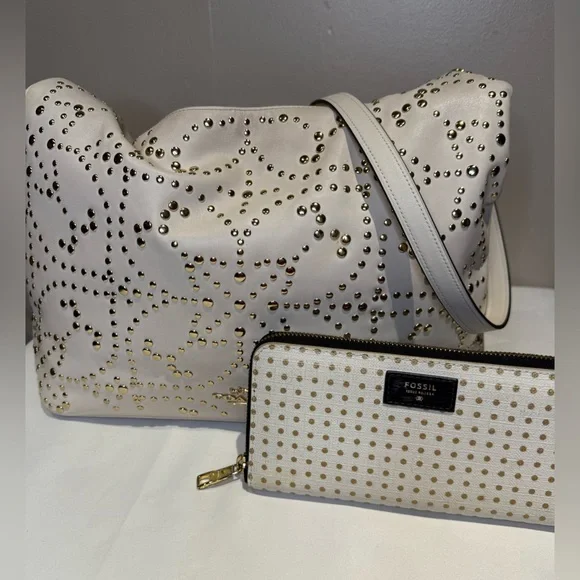 Coach Celeste Winter White and Gold Studded Bag W/Crossbody Whip Stitch Strap - Picture 3 of 9